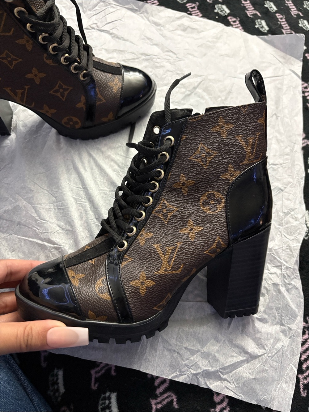 Luxury-Inspired Brown Monogram Lace-Up Block Heel Boots
